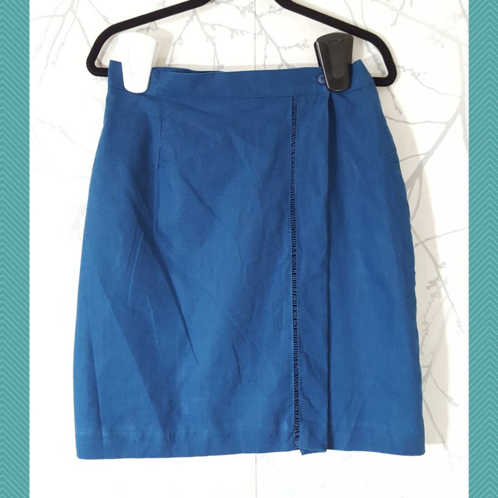 Braemar Petites Jeremy Scott Blue Linen Blend Wrap Around Pencil Skirt